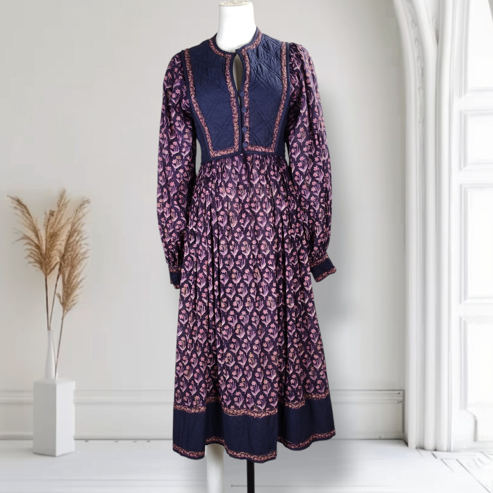 Vintage 70s Phool Indian Cotton Gauze Dress XS Block Print Quilted Boho Hippie